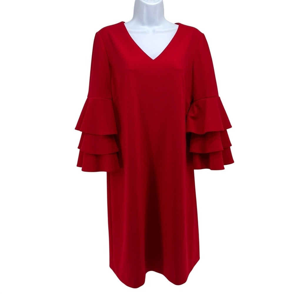 Tahari Arthur S‎ Levine Red V Neck Ruffle Sleeve Shift Dress Size 6 Valentines